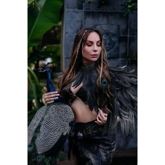 Women Feather Cape Shawl Costume Black Witch Wings Collar Adult Crow Neck - Picture 5 of 8